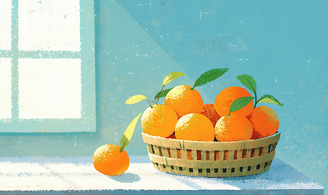 JPG 하늘색 잎 일러스트 창문 탁자 귤 사람없음 햇빛 바구니 담기 정물화 국내일러스트 AI일러스트 AI콘텐츠 식물 가구 과일 모션 파란색 태양 그림 파일형식