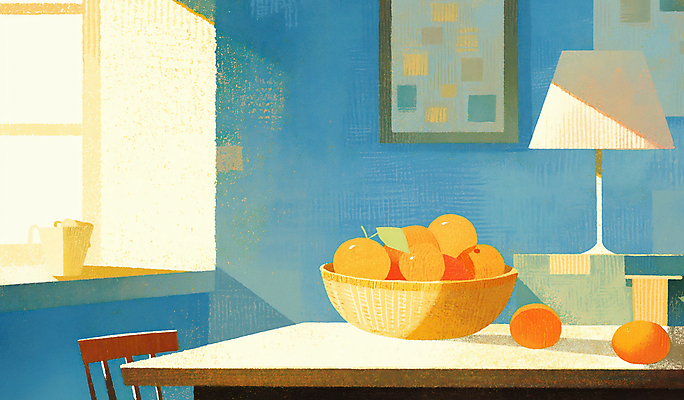 JPG 하늘색 액자 잎 의자 일러스트 창문 탁자 조명 귤 사람없음 햇빛 바구니 담기 정물화 국내일러스트 AI일러스트 AI콘텐츠 식물 가구 과일 모션 파란색 태양 그림 파일형식