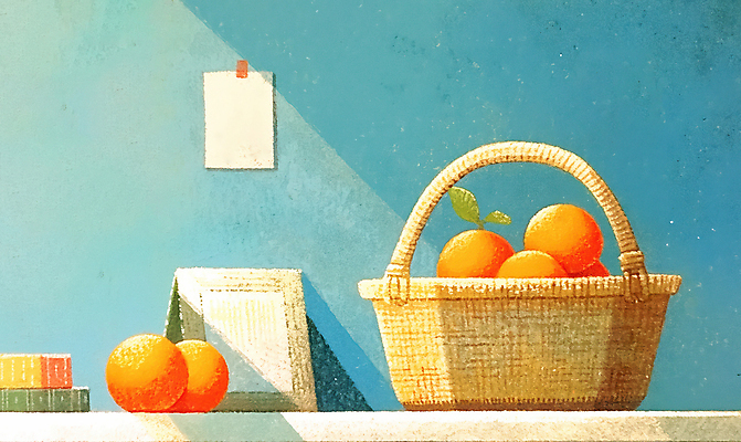 JPG 하늘색 액자 잎 일러스트 탁자 귤 사람없음 바구니 메모지 담기 테이프 정물화 국내일러스트 AI일러스트 AI콘텐츠 식물 가구 과일 모션 문구용품 파란색 사무용품 그림 파일형식