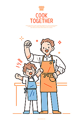 전신 남자 어린이 허리손 일러스트 함께함 요리 미소 소년 성인 두명 반짝임 주방 파이팅 주황색 앞치마 부자지간 남자만 국내일러스트 AI파일 아들 컬러 포즈 컨셉 가족 모션 표정 사람 아빠 파일형식 벡터