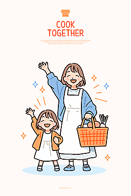 전신 여자 어린이 일러스트 모녀 함께함 요리 미소 들기 소녀 성인 두명 반짝임 손들기 주황색 앞치마 장바구니 여자만 국내일러스트 AI파일 딸 컬러 컨셉 가족 모션 엄마 표정 사람 쇼핑 바구니 파일형식 벡터