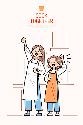전신 여자 어린이 일러스트 모녀 함께함 요리 미소 소녀 성인 두명 반짝임 주방 파이팅 주황색 앞치마 여자만 국내일러스트 AI파일 딸 컬러 컨셉 가족 모션 엄마 표정 사람 파일형식 벡터
