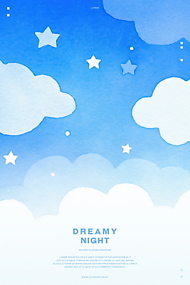 PSD 구름 별 하늘색 일러스트 밤하늘 수채화 사람없음 꿈 감성 몽환 국내일러스트 자연요소 컨셉 하늘 파란색 야간 파일형식