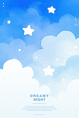 PSD 구름 별 하늘색 일러스트 밤하늘 수채화 사람없음 꿈 감성 몽환 국내일러스트 자연요소 컨셉 하늘 파란색 야간 파일형식