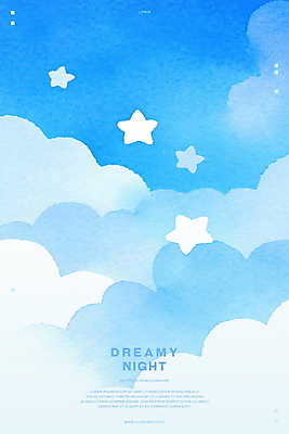 PSD 구름 별 하늘색 일러스트 밤하늘 수채화 사람없음 꿈 감성 몽환 국내일러스트 자연요소 컨셉 하늘 파란색 야간 파일형식