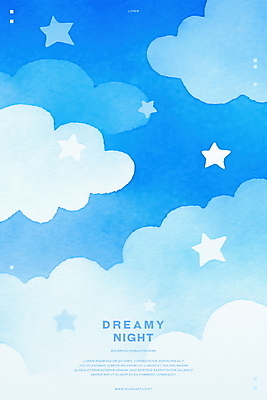 PSD 구름 별 하늘색 일러스트 밤하늘 수채화 사람없음 꿈 감성 몽환 국내일러스트 자연요소 컨셉 하늘 파란색 야간 파일형식