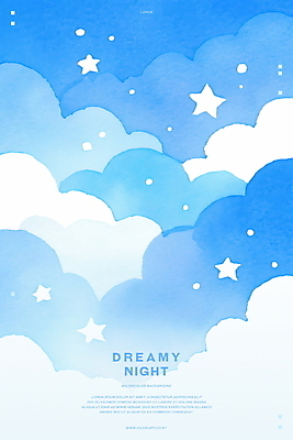 PSD 구름 별 하늘색 일러스트 밤하늘 수채화 사람없음 꿈 감성 몽환 국내일러스트 자연요소 컨셉 하늘 파란색 야간 파일형식