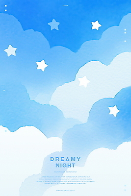 PSD 구름 별 하늘색 일러스트 밤하늘 수채화 사람없음 꿈 감성 몽환 국내일러스트 자연요소 컨셉 하늘 파란색 야간 파일형식