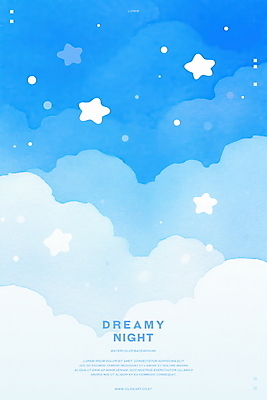 PSD 구름 별 하늘색 일러스트 밤하늘 수채화 사람없음 꿈 감성 몽환 국내일러스트 자연요소 컨셉 하늘 파란색 야간 파일형식
