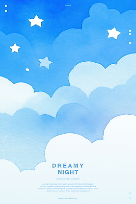 PSD 구름 별 하늘색 일러스트 밤하늘 수채화 사람없음 꿈 감성 몽환 국내일러스트 자연요소 컨셉 하늘 파란색 야간 파일형식