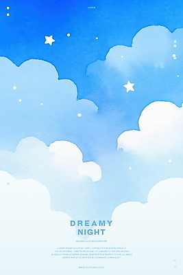 PSD 구름 별 하늘색 일러스트 밤하늘 수채화 사람없음 꿈 감성 몽환 국내일러스트 자연요소 컨셉 하늘 파란색 야간 파일형식