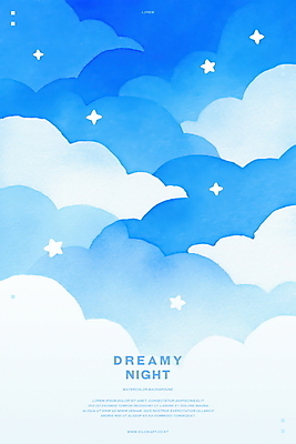 PSD 구름 하늘색 일러스트 밤하늘 수채화 사람없음 꿈 감성 몽환 국내일러스트 자연요소 컨셉 하늘 파란색 야간 파일형식
