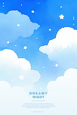 PSD 구름 하늘색 일러스트 밤하늘 수채화 사람없음 꿈 감성 몽환 국내일러스트 자연요소 컨셉 하늘 파란색 야간 파일형식