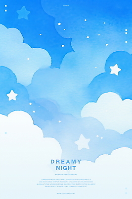 PSD 구름 별 하늘색 일러스트 밤하늘 수채화 사람없음 꿈 감성 몽환 국내일러스트 자연요소 컨셉 하늘 파란색 야간 파일형식