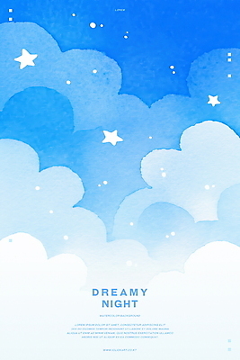 PSD 구름 별 하늘색 일러스트 밤하늘 수채화 사람없음 꿈 감성 몽환 국내일러스트 자연요소 컨셉 하늘 파란색 야간 파일형식