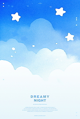 PSD 구름 별 하늘색 일러스트 밤하늘 수채화 사람없음 꿈 감성 몽환 국내일러스트 자연요소 컨셉 하늘 파란색 야간 파일형식