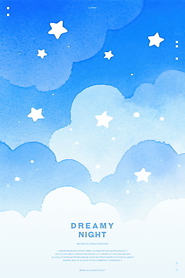 PSD 구름 별 하늘색 일러스트 밤하늘 수채화 사람없음 꿈 감성 몽환 국내일러스트 자연요소 컨셉 하늘 파란색 야간 파일형식