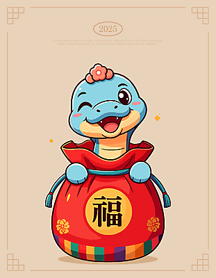 일러스트 새해 복주머니 윙크 웃음 사람없음 귀여움 복 뱀띠 베이지색 2025년 을사년 일러캐릭터 푸른뱀 푸른뱀캐릭터 AI파일 캐릭터 컬러 컨셉 전통소품 표정 한자 십이지신 뱀 연도 뱀캐릭터 파일형식 벡터