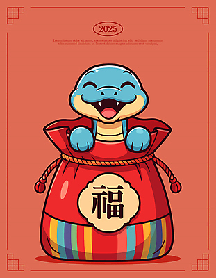일러스트 새해 복주머니 웃음 사람없음 귀여움 복 뱀띠 다홍색 2025년 을사년 일러캐릭터 푸른뱀 푸른뱀캐릭터 AI파일 캐릭터 컬러 컨셉 전통소품 표정 한자 십이지신 뱀 연도 뱀캐릭터 파일형식 벡터