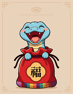 일러스트 새해 복주머니 웃음 사람없음 귀여움 복 뱀띠 베이지색 2025년 을사년 일러캐릭터 푸른뱀 푸른뱀캐릭터 AI파일 캐릭터 컬러 컨셉 전통소품 표정 한자 십이지신 뱀 연도 뱀캐릭터 파일형식 벡터