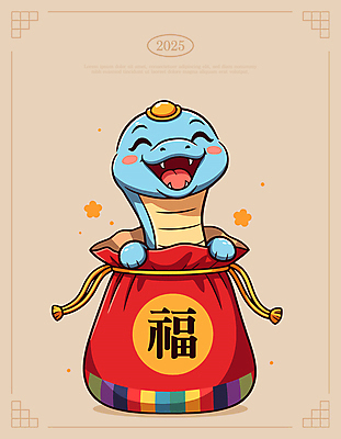 일러스트 새해 복주머니 웃음 사람없음 귀여움 복 뱀띠 베이지색 2025년 을사년 일러캐릭터 푸른뱀 푸른뱀캐릭터 AI파일 캐릭터 컬러 컨셉 전통소품 표정 한자 십이지신 뱀 연도 뱀캐릭터 파일형식 벡터
