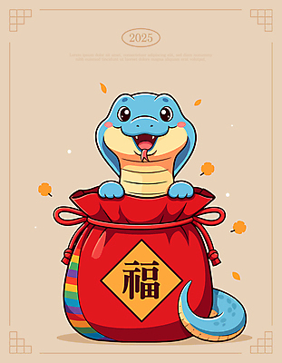 일러스트 새해 복주머니 웃음 사람없음 귀여움 복 뱀띠 베이지색 2025년 을사년 일러캐릭터 푸른뱀 푸른뱀캐릭터 AI파일 캐릭터 컬러 컨셉 전통소품 표정 한자 십이지신 뱀 연도 뱀캐릭터 파일형식 벡터