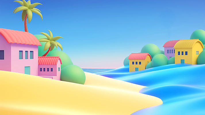 JPG 편집이미지 하늘 주택 풍경 사람없음 컬러풀 야자수 3D 마을 언덕 질감 환상 편집3D AI컴퓨터그래픽 AI콘텐츠 나무 컬러 컨셉 건물 디지털합성 파일형식