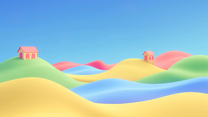 JPG 편집이미지 하늘 주택 풍경 사람없음 컬러풀 3D 언덕 질감 환상 편집3D AI컴퓨터그래픽 AI콘텐츠 컬러 컨셉 건물 디지털합성 파일형식