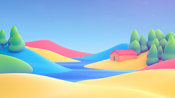 JPG 나무 편집이미지 하늘 주택 사람없음 강 컬러풀 3D 언덕 질감 환상 편집3D AI컴퓨터그래픽 AI콘텐츠 식물 컬러 컨셉 건물 디지털합성 파일형식