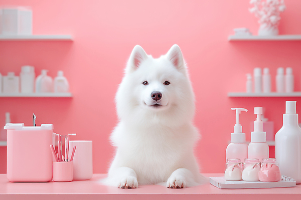 JPG 편집이미지 화분 반려견 분홍색 선반 관리 사람없음 귀여움 칫솔 애견용품 사모예드 애견미용 편집실사 반려용품 AI포토 AI콘텐츠 컬러 가구 컨셉 반려동물 위생용품 뷰티 개 CG 오브젝트 파일형식