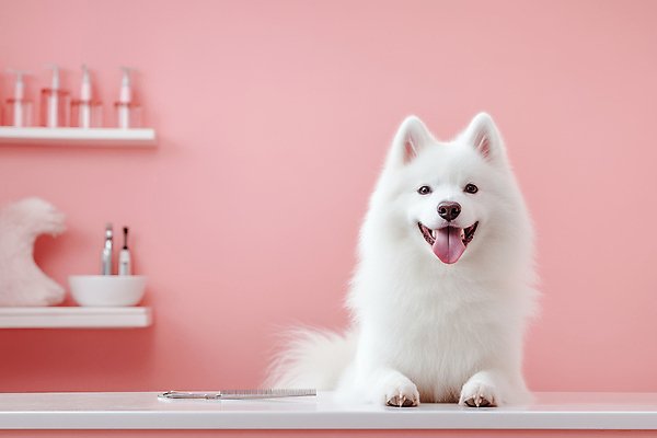 JPG 편집이미지 반려견 분홍색 선반 관리 사람없음 귀여움 사모예드 애견미용 편집실사 반려용품 AI포토 AI콘텐츠 컬러 가구 컨셉 반려동물 뷰티 개 CG 오브젝트 파일형식