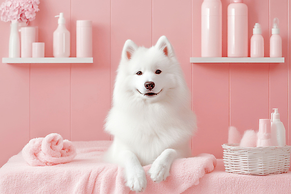 JPG 편집이미지 화분 반려견 분홍색 선반 관리 사람없음 수건 바구니 귀여움 담기 사모예드 애견미용 애견스파 편집실사 반려용품 AI포토 AI콘텐츠 컬러 가구 컨셉 모션 반려동물 위생용품 뷰티 스파 개 CG 오브젝트 파일형식