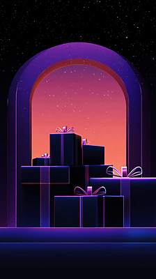 JPG 리본 밤하늘 사람없음 선물상자 쌓기 보라색 어둠 행운 그라데이션 당첨 랜덤박스 AI컴퓨터그래픽 AI콘텐츠 컬러 컨셉 모션 하늘 선물 상자 야간 파일형식