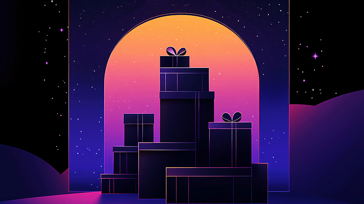 JPG 리본 밤하늘 사람없음 선물상자 쌓기 보라색 어둠 행운 그라데이션 당첨 랜덤박스 AI컴퓨터그래픽 AI콘텐츠 컬러 컨셉 모션 하늘 선물 상자 야간 파일형식