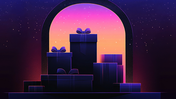 JPG 리본 밤하늘 사람없음 선물상자 쌓기 보라색 어둠 행운 그라데이션 당첨 랜덤박스 AI컴퓨터그래픽 AI콘텐츠 컬러 컨셉 모션 하늘 선물 상자 야간 파일형식