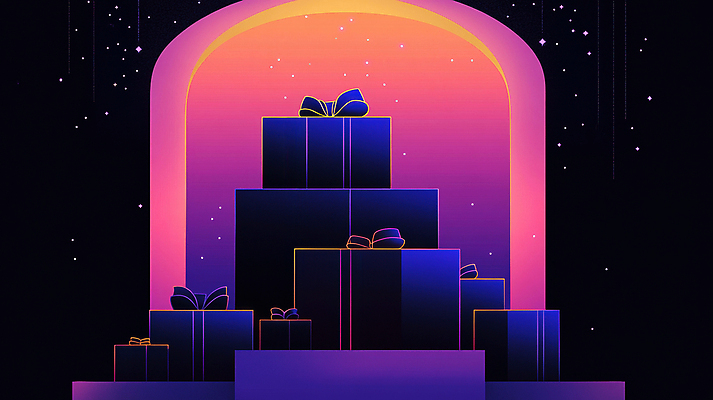 JPG 리본 밤하늘 사람없음 선물상자 쌓기 보라색 어둠 행운 그라데이션 당첨 랜덤박스 AI컴퓨터그래픽 AI콘텐츠 컬러 컨셉 모션 하늘 선물 상자 야간 파일형식