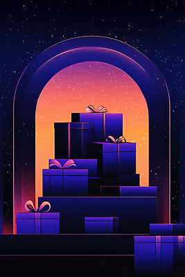 JPG 리본 밤하늘 사람없음 선물상자 쌓기 보라색 어둠 행운 그라데이션 당첨 랜덤박스 AI컴퓨터그래픽 AI콘텐츠 컬러 컨셉 모션 하늘 선물 상자 야간 파일형식