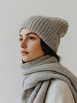 JPG 편집이미지 여자 패션 얼굴 겨울 한명 상반신 성인 목도리 회색 디지털합성 니트 비니 방한 의료성형뷰티 성인여자한명만 편집실사 AI인물포토 AI콘텐츠 모자_잡화 1 잡화 계절 컬러 상의 사람 신체부위 추위 CG 여자한명만 성인여자만 파일형식 AI포토