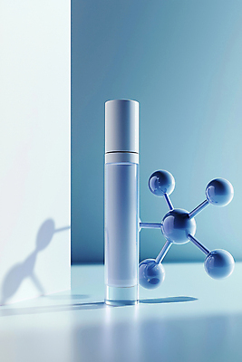 JPG 편집이미지 하늘색 기술 사람없음 화장품 디지털합성 광택 개발 안티에이징 화학구조 편집실사 AI컴퓨터그래픽 AI콘텐츠 파란색 뷰티 화학 CG 파일형식