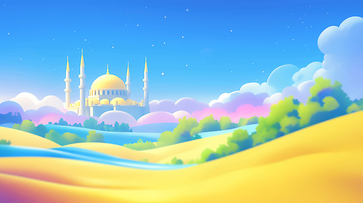 JPG 나무 구름 건축물 여행 일러스트 중동 풍경 사람없음 컬러풀 사막 모스크 랜드마크 환상 국내일러스트 AI일러스트 AI콘텐츠 자연요소 식물 건축 나라 컬러 컨셉 이슬람교 파일형식