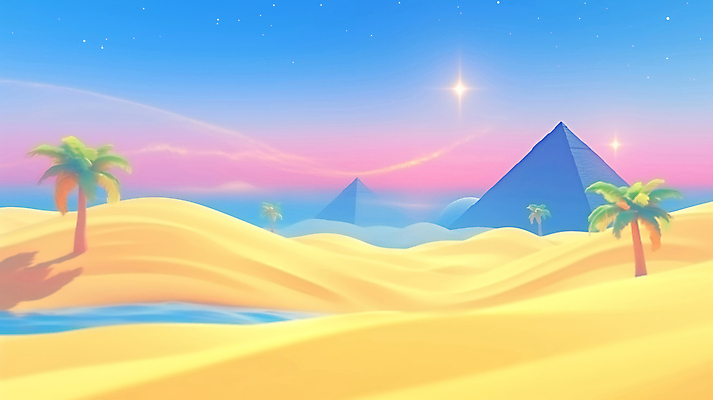 JPG 여행 일러스트 이집트 풍경 사람없음 반짝임 컬러풀 야자수 사막 피라미드 오아시스 환상 국내일러스트 AI일러스트 AI콘텐츠 나무 건축물 컬러 컨셉 모션 아프리카 랜드마크 파일형식