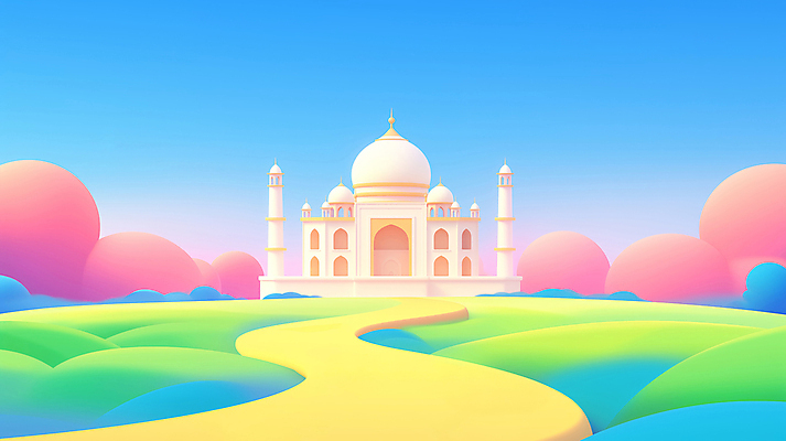 JPG 건축물 길 여행 일러스트 하늘 풍경 사람없음 컬러풀 문화재 인도 타지마할 랜드마크 환상 국내일러스트 AI일러스트 AI콘텐츠 건축 아시아 컬러 컨셉 세계문화유산 파일형식