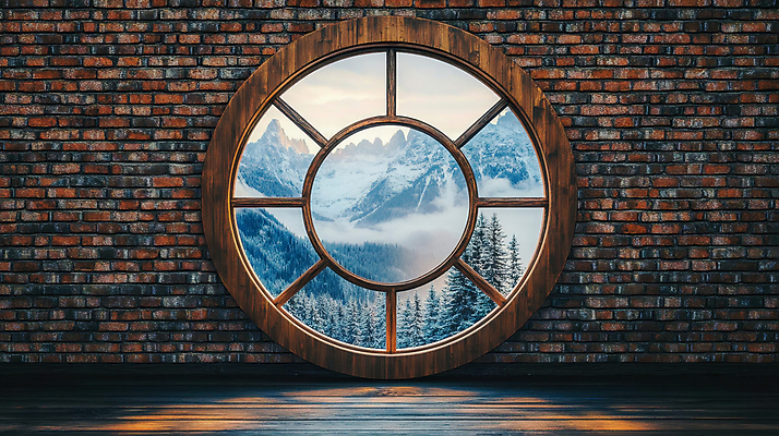 JPG 나무 편집이미지 겨울 창문 벽돌 산 풍경 사람없음 빛 눈 설산 편집실사 AI포토 AI콘텐츠 자연요소 식물 계절 날씨 CG 파일형식