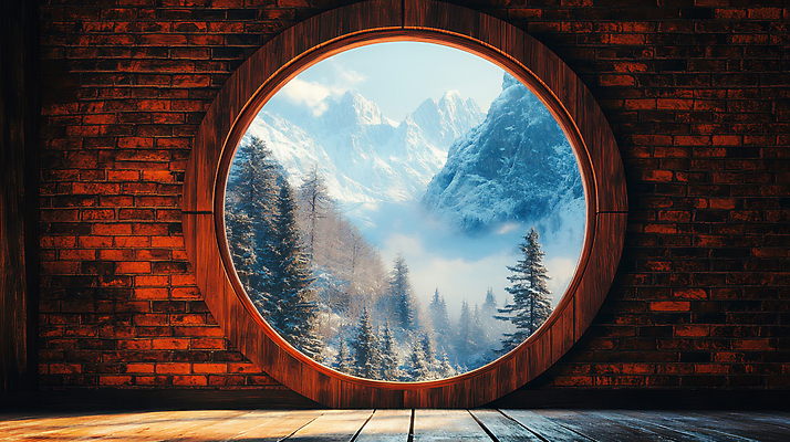 JPG 나무 편집이미지 겨울 창문 벽돌 산 풍경 사람없음 빛 눈 설산 편집실사 AI포토 AI콘텐츠 자연요소 식물 계절 날씨 CG 파일형식