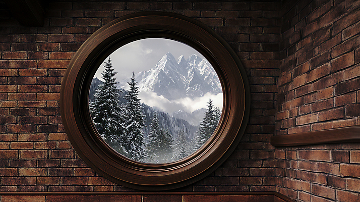 JPG 나무 편집이미지 겨울 창문 벽돌 산 풍경 사람없음 눈 설산 편집실사 AI포토 AI콘텐츠 자연요소 식물 계절 날씨 CG 파일형식