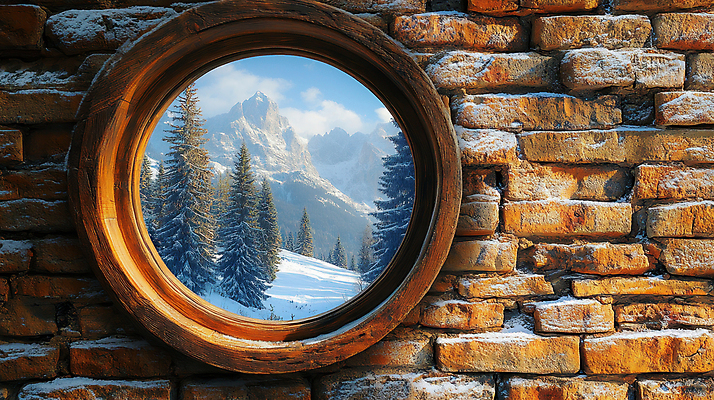 JPG 나무 편집이미지 겨울 창문 벽돌 산 풍경 사람없음 빛 눈 설산 편집실사 AI포토 AI콘텐츠 자연요소 식물 계절 날씨 CG 파일형식