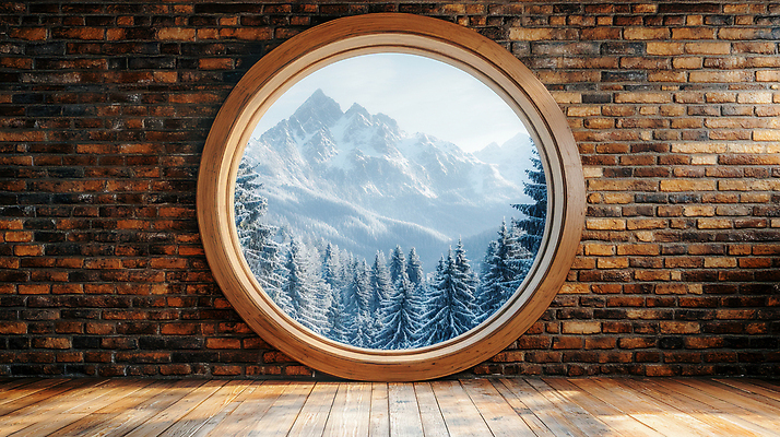 JPG 나무 편집이미지 겨울 창문 벽돌 산 풍경 사람없음 빛 눈 설산 편집실사 AI포토 AI콘텐츠 자연요소 식물 계절 날씨 CG 파일형식