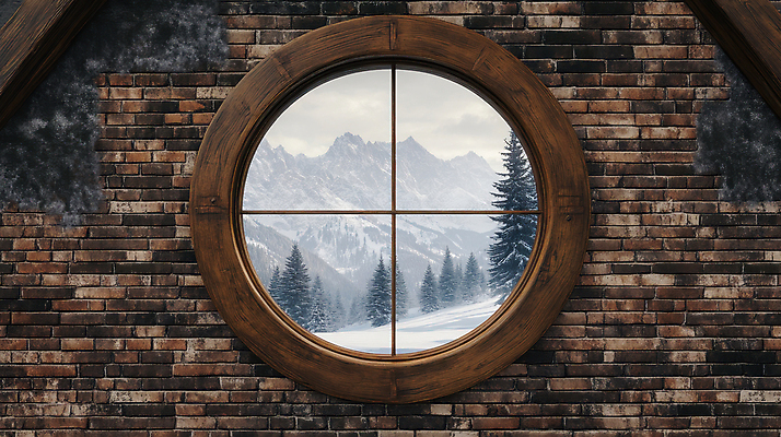 JPG 나무 편집이미지 겨울 창문 벽돌 산 풍경 사람없음 눈 설산 편집실사 AI포토 AI콘텐츠 자연요소 식물 계절 날씨 CG 파일형식