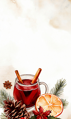 JPG 겨울 오렌지 일러스트 잔 수채화 따뜻함 사람없음 빨간색 번짐 솔방울 솔잎 포인세티아 시나몬 카피스페이스 뱅쇼 국내일러스트 AI일러스트 AI콘텐츠 식기 계절 꽃 컬러 잎 과일 와인 공백 파일형식 효과