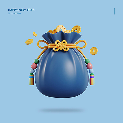PSD 편집이미지 한국전통 새해 복주머니 사람없음 파란색 설날 떨어짐 가득함 매듭 해피뉴이어 엽전 세뱃돈 편집3D 전통 명절 컬러 컨셉 전통소품 한국 3D 동전 새해인사 파일형식